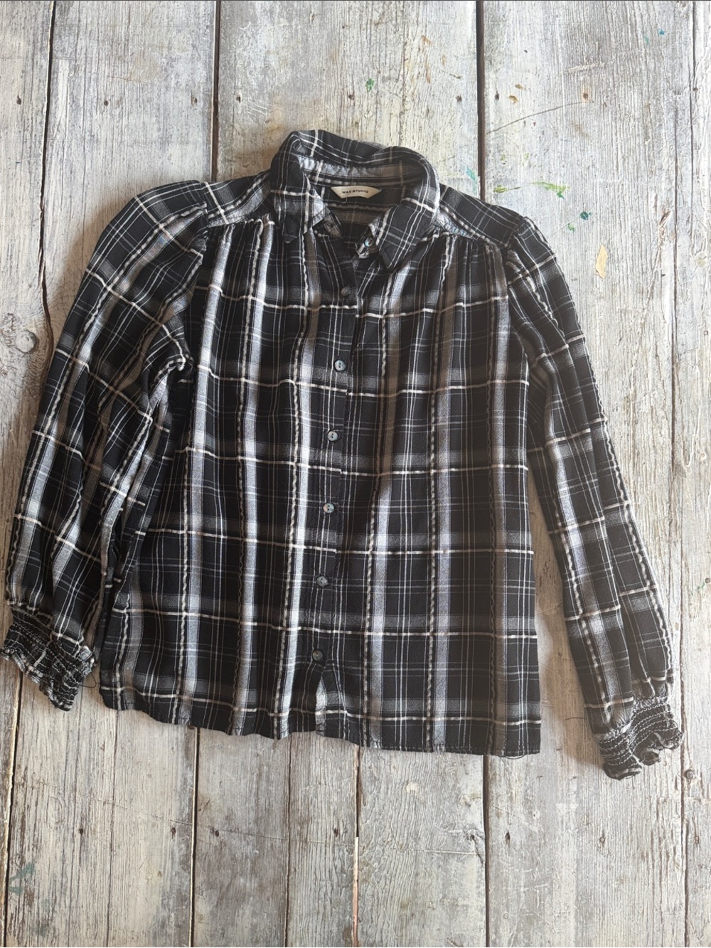 Max Studio Black and White Plaid Button-Down Blouse